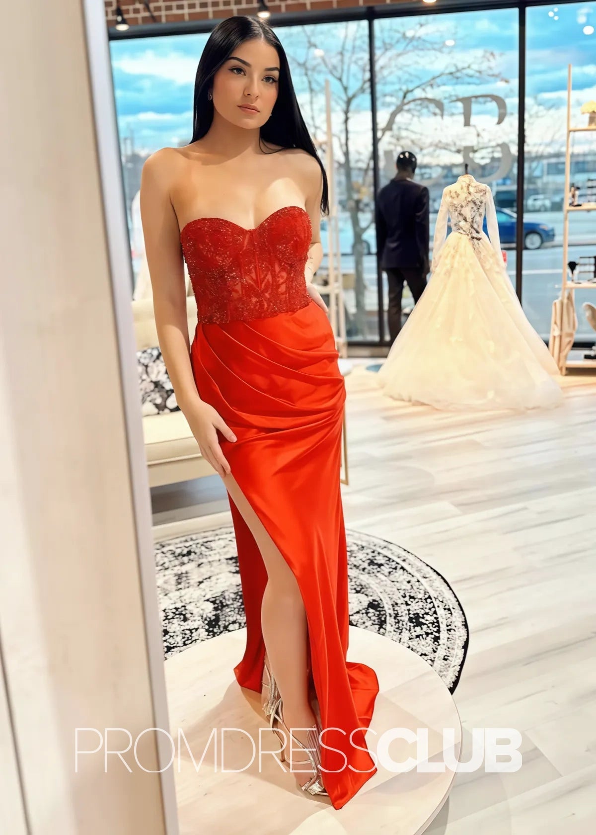 Natalie |Long Fuchsia Prom Dresses Near Me With Mermaid Sweetheart Slit - Orange - US0 - PromDressClub