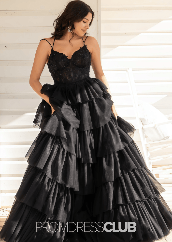 Natividad | A Line Tiered Ruffle Black Long Prom Dress - Price #price_variant_lowest# - Black - PromDressClub