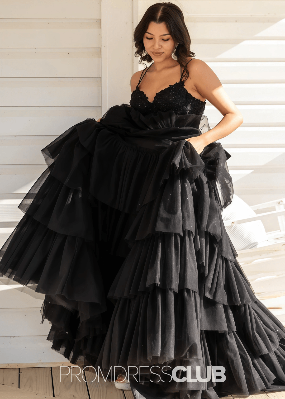 Natividad | A Line Tiered Ruffle Black Long Prom Dress - Price #price_variant_lowest# - Black - PromDressClub