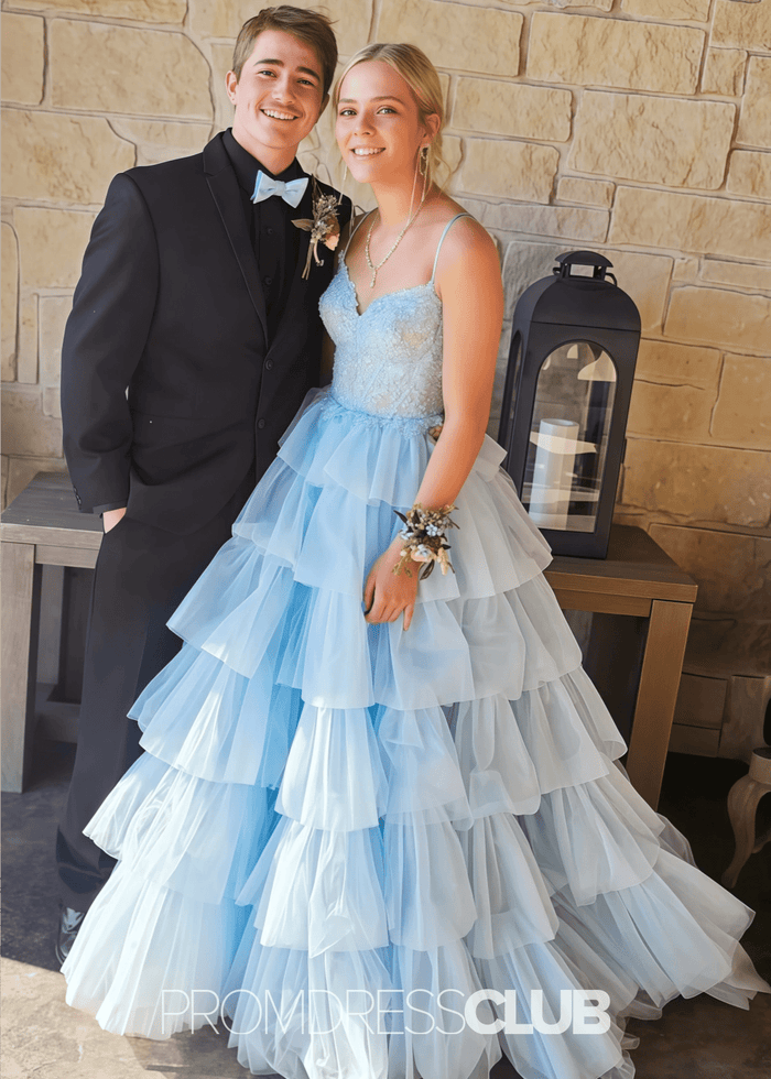 Natividad | A Line Tiered Ruffle Black Long Prom Dress - Price #price_variant_lowest# - Light Blue - PromDressClub