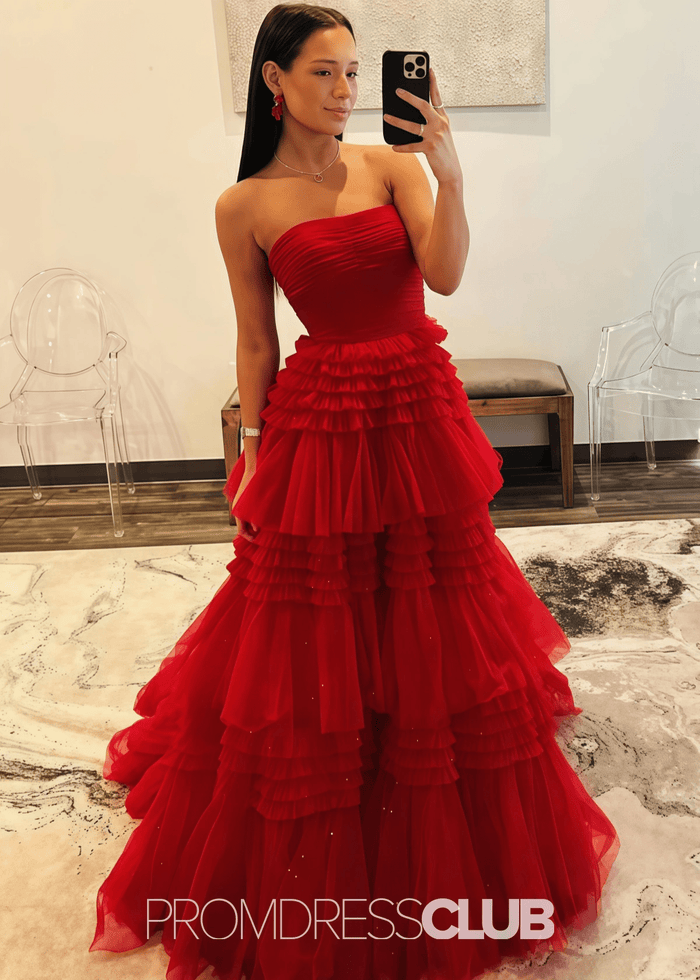Nelly |A Line Tiered Tulle Champagne Maxi Prom Dress - Price #price_variant_lowest# - Red - PromDressClub
