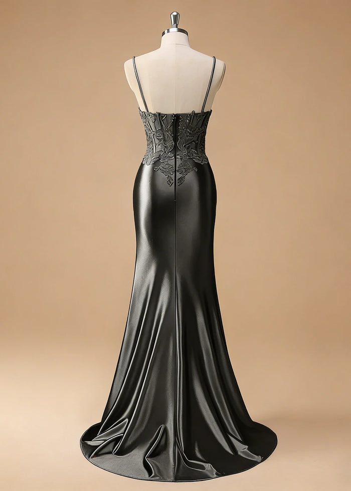 Niamh Beaded Black Lace Dress Prom | Mermaid Spaghetti Strap V - Neck Pleated Satin Formal Dress with Slit - Black - PromDressClub