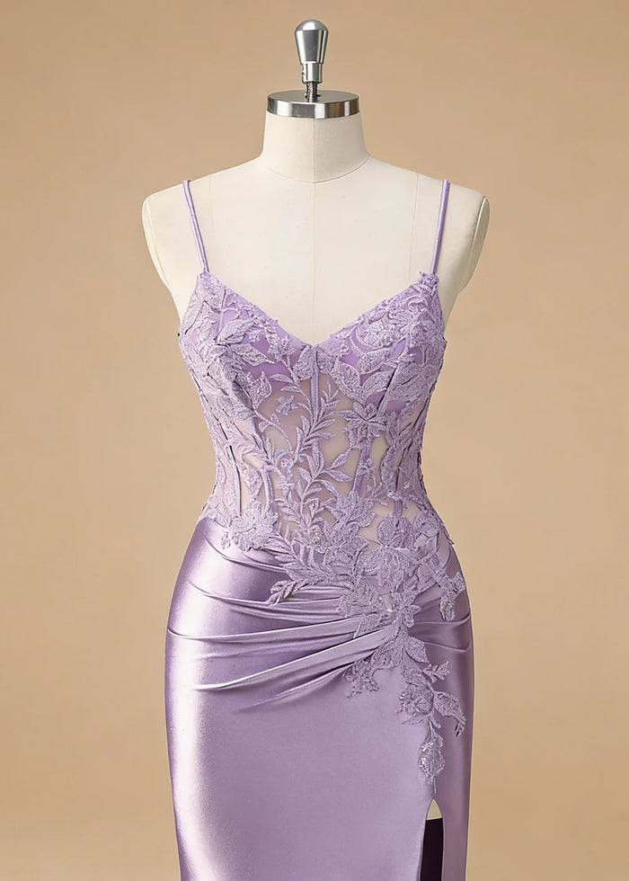 Niamh Beaded Purple Lace Dress Prom | Mermaid Spaghetti Strap V - Neck Pleated Satin Formal Dress with Slit - Lilac - PromDressClub