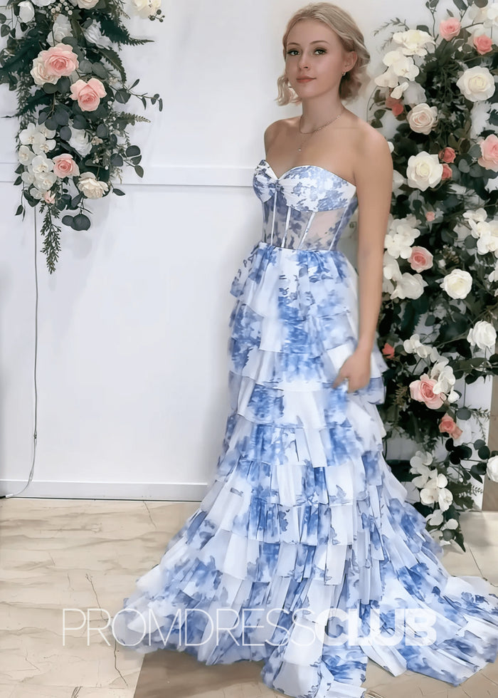 Nicola |Long Light Blue Floral Prom Dresses Near Me With Tulle Tiered A Line Strapless Sweetheart - Blue Floral - PromDressClub