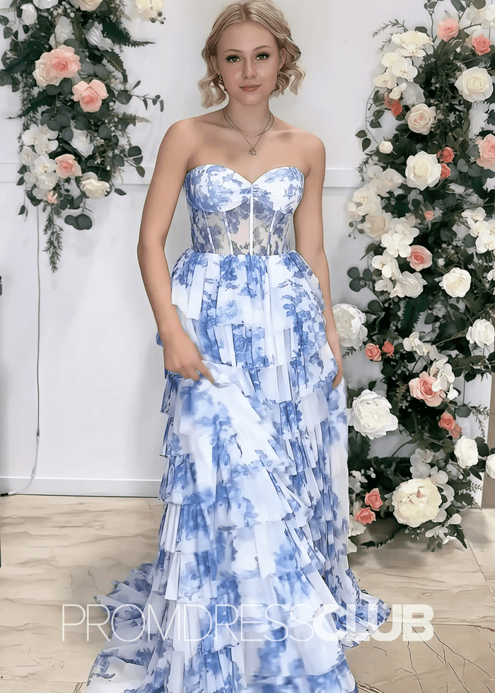 Nicola |Long Light Blue Floral Prom Dresses Near Me With Tulle Tiered A Line Strapless Sweetheart - Price #price_variant_lowest# - Blue Floral - PromDressClub