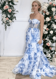 Nicola |Long Light Blue Prom Dresses Near Me With Tulle Tiered A Line Strapless Sweetheart Flower - Light Blue - US0 - PromDressClub