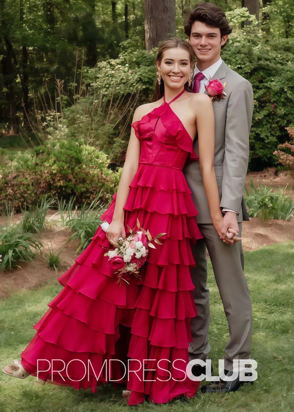 Nicole |Long Red Prom Dresses Near Me With Halter Tulle Tiered A Line - Red - US0 - PromDressClub