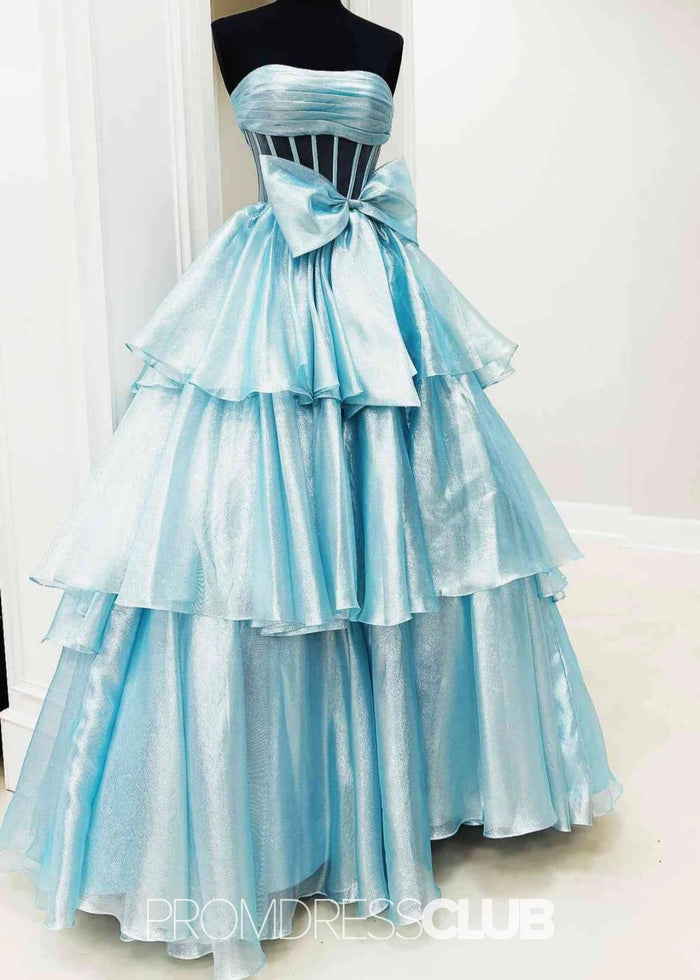 Nina | A - Line Strapless Tiered Tulle Hot Pink Long Prom Dress - Price #price_variant_lowest# - Light Blue - PromDressClub