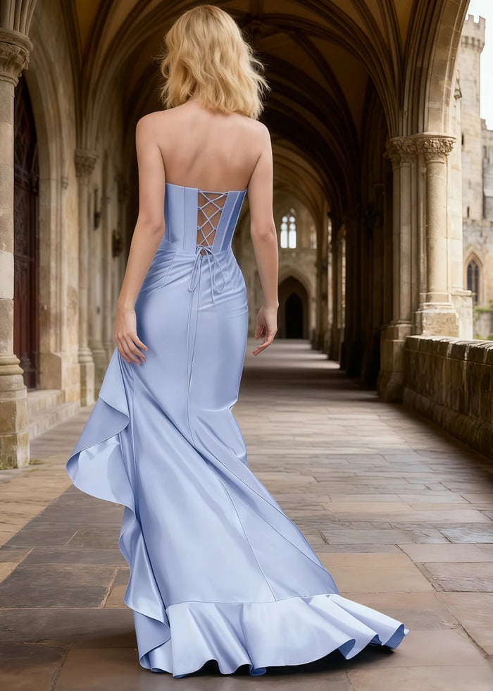 Nora Light Blue Strapless Corset Prom Dress | Mermaid Cowl Neck Floor Length Dress with Ruffled Slits - US0 - PromDressClub