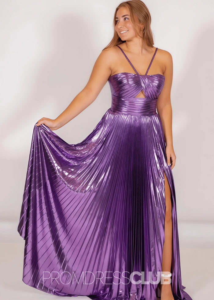 Nora |Long Gold Prom Dress Metallic With Spaghetti Strap Slit - Purple - PromDressClub