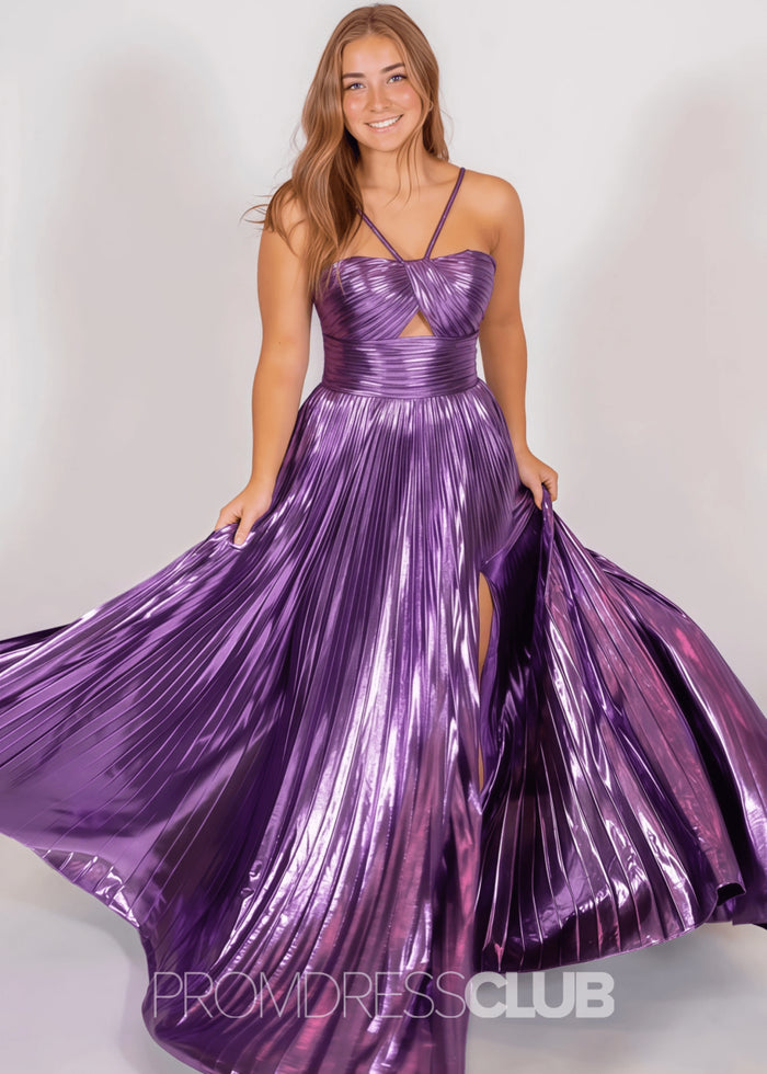 Nora |Long Gold Prom Dress Metallic With Spaghetti Strap Slit - Purple - PromDressClub