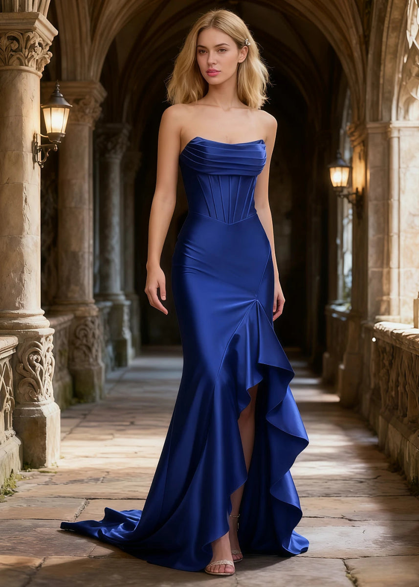 Nora Navy Blue Strapless Corset Prom Dress | Mermaid Cowl Neck Floor Length Dress with Ruffled Slits - US0 - PromDressClub