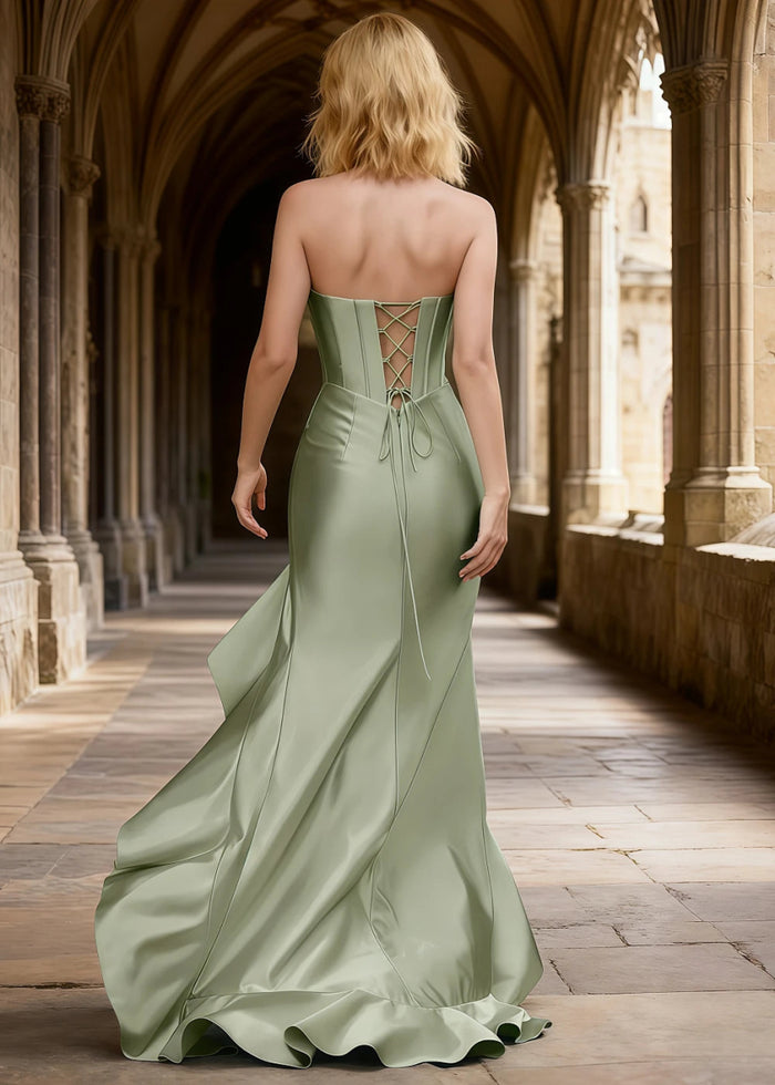 Nora Sage Green Strapless Corset Prom Dress | Mermaid Cowl Neck Floor Length Dress with Ruffled Slits - US0 - PromDressClub