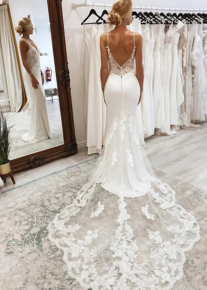 Nora | Stunning Mermaid Spaghetti Strap V Neck Lace Wedding Dress with Long Train - Ivory - PromDressClub