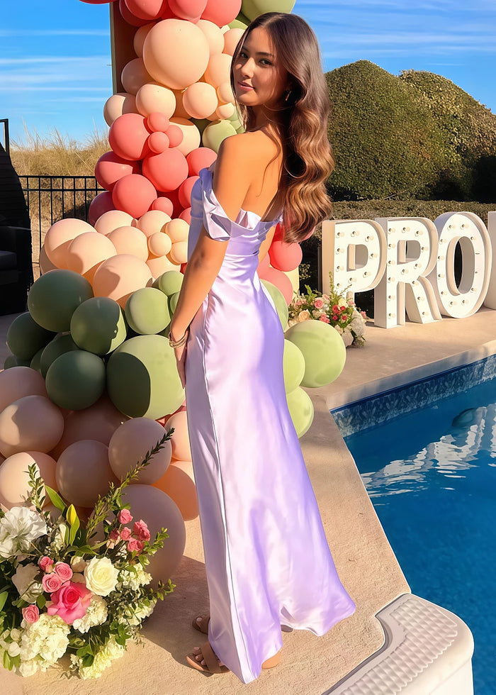 Nora Women's Lilac Off the Shoulder Dress for Prom | Sheath Strapless Satin Floor Length Formal Dress - Lilac - PromDressClub