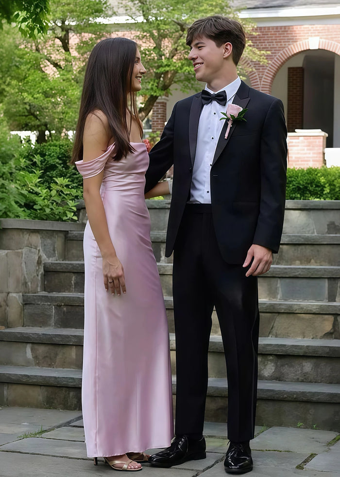 Nora Women's Light Pink Off the Shoulder Dress for Prom | Sheath Strapless Satin Floor Length Formal Dress - Light Pink - PromDressClub