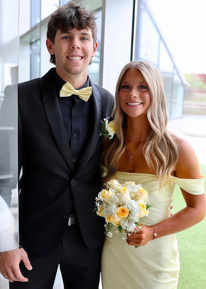 Nora Women's Yellow Off the Shoulder Dress for Prom | Sheath Strapless Satin Floor Length Formal Dress - Yellow - PromDressClub