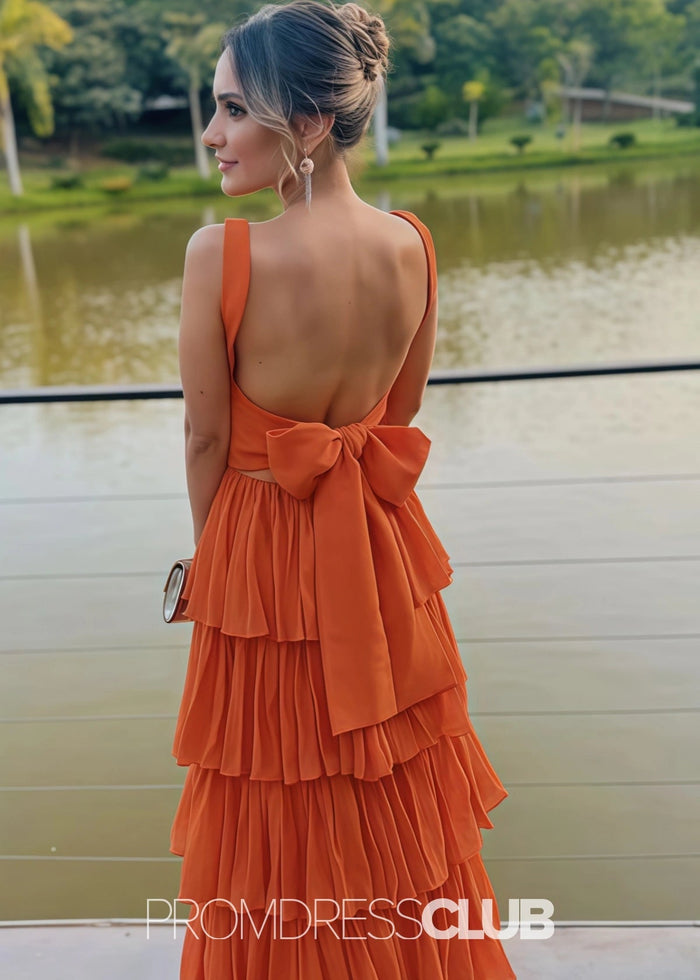 Nydia | Elegant A Line Square Layered Orange Satin Long Prom Dress - Price #price_variant_lowest# - Orange - PromDressClub