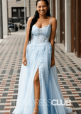 Nydia |Light Blue Prom Dresses Long Near Me With A Line Straps Corset Tulle High Slit - Light Blue - PromDressClub