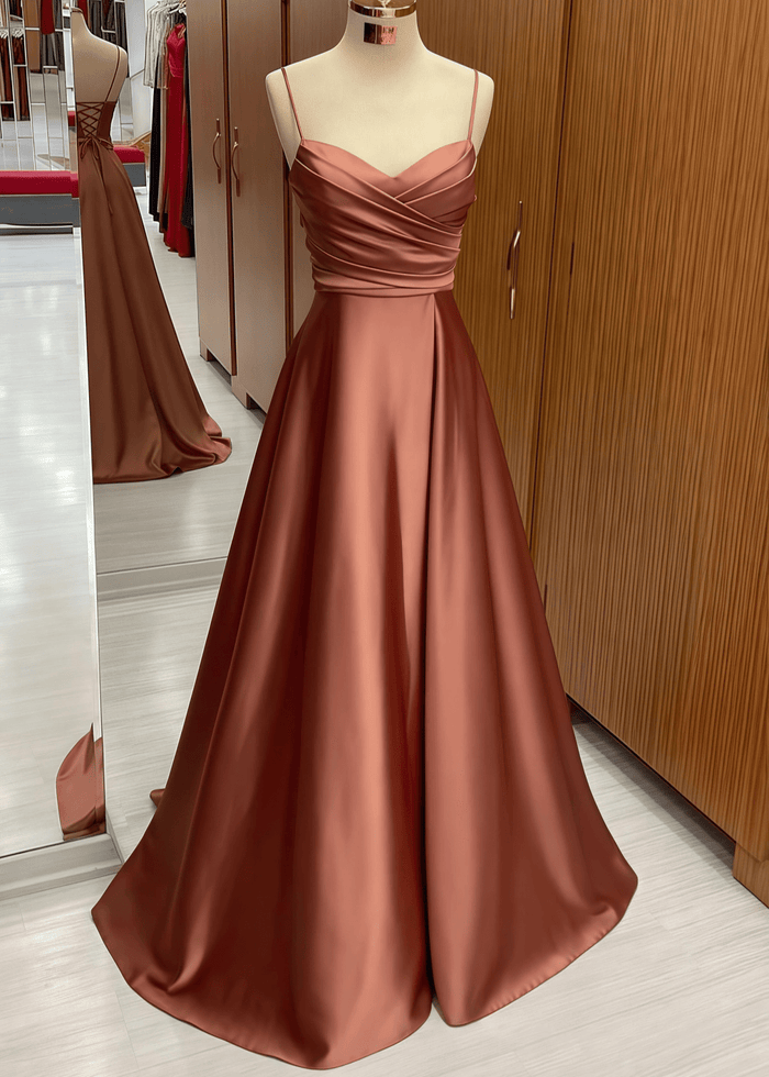 Odelia | A Line Chocolate Satin Long Bridesmaid Dress - Price #price_variant_lowest# - Chocolate - PromDressClub