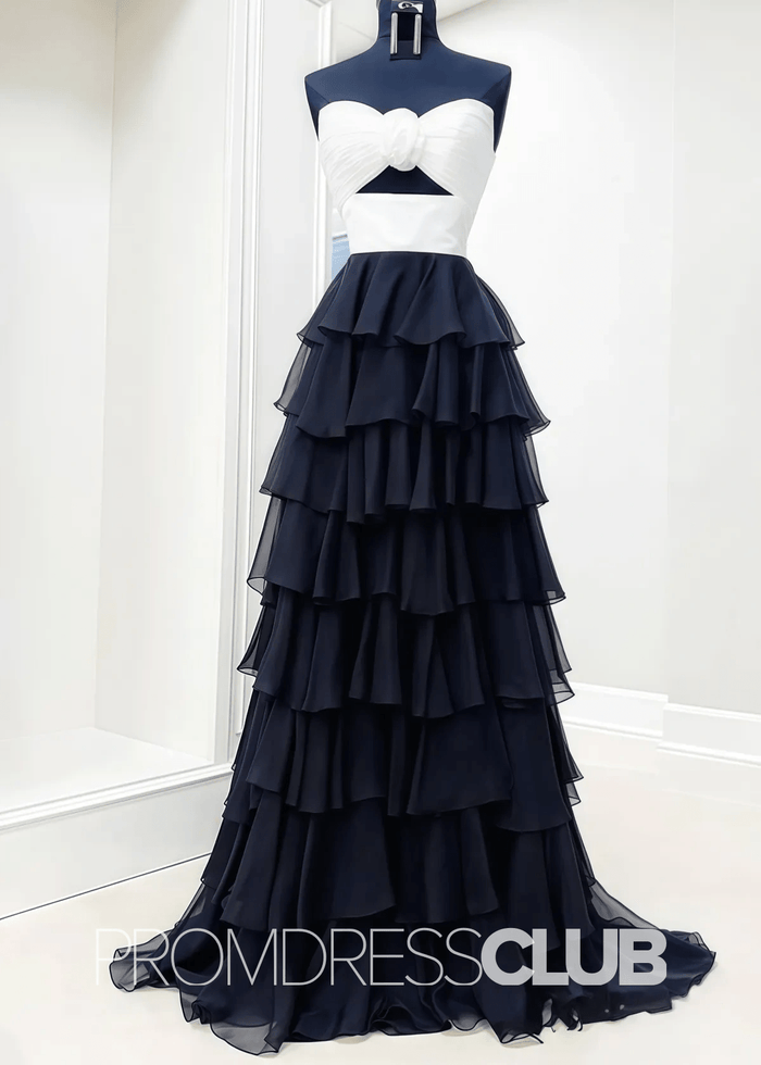 Olga |Black Long Prom Dresses Store With A - Line Strapless Tiered Chiffon V - Neck Layered - Price #price_variant_lowest# - Black White - PromDressClub