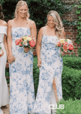 Olive | Mermaid Print White Blue Floral Satin Long Bridesmaid Dress - Blue Floral - PROMDRESS Club