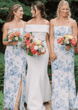 Olive | Mermaid Print White Blue Floral Satin Long Bridesmaid Dress - Blue Floral - PROMDRESS Club