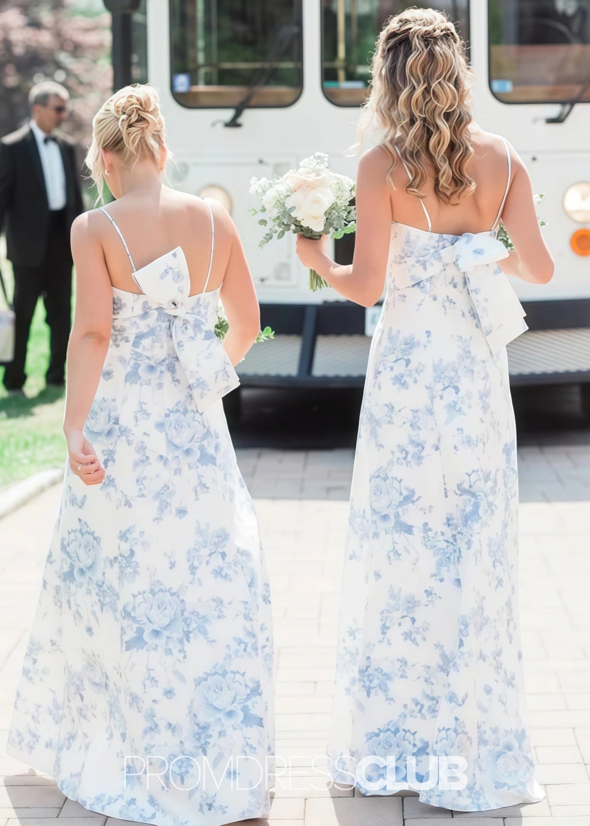 Olive | Mermaid Print White Blue Floral Satin Long Bridesmaid Dress - Blue Floral - PROMDRESS Club