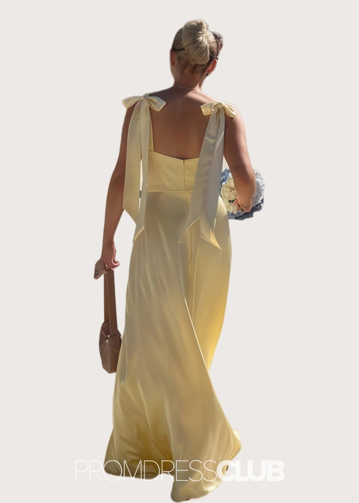 Olivia | A - Line Light Yellow Satin Long Bridesmaid Dress - Price #price_variant_lowest# - Yellow - PromDressClub