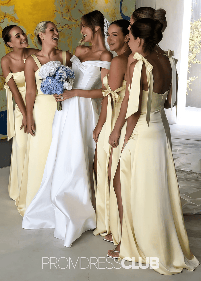 Olivia | A - Line Light Yellow Satin Long Bridesmaid Dress - Price #price_variant_lowest# - Yellow - PromDressClub