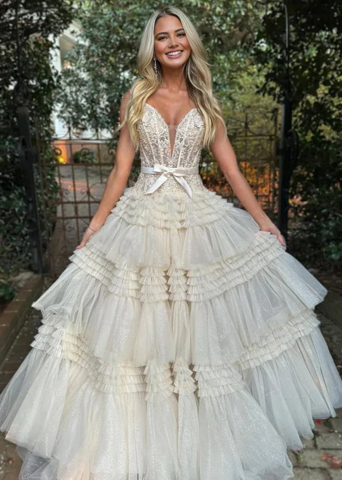 Ophelia | Stunning Light Pink Off the Shoulder Corset Ruffle Prom Dress with Bow - Ivory - PromDressClub