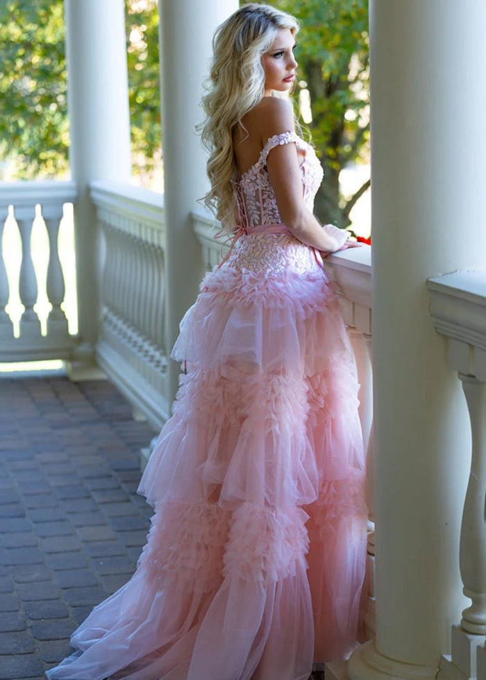 Ophelia | Stunning Light Pink Off the Shoulder Corset Ruffle Prom Dress with Bow - Light Pink - PromDressClub
