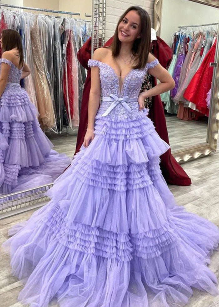 Ophelia | Stunning Light Pink Off the Shoulder Corset Ruffle Prom Dress with Bow - Lilac - PromDressClub