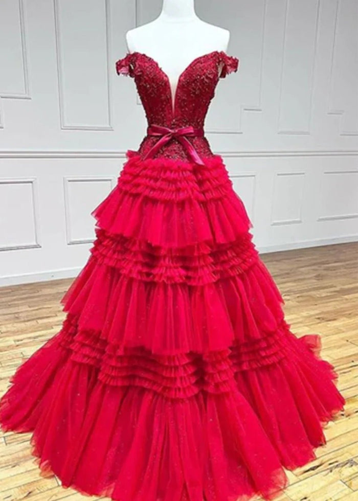 Ophelia | Stunning Light Pink Off the Shoulder Corset Ruffle Prom Dress with Bow - Red - PromDressClub