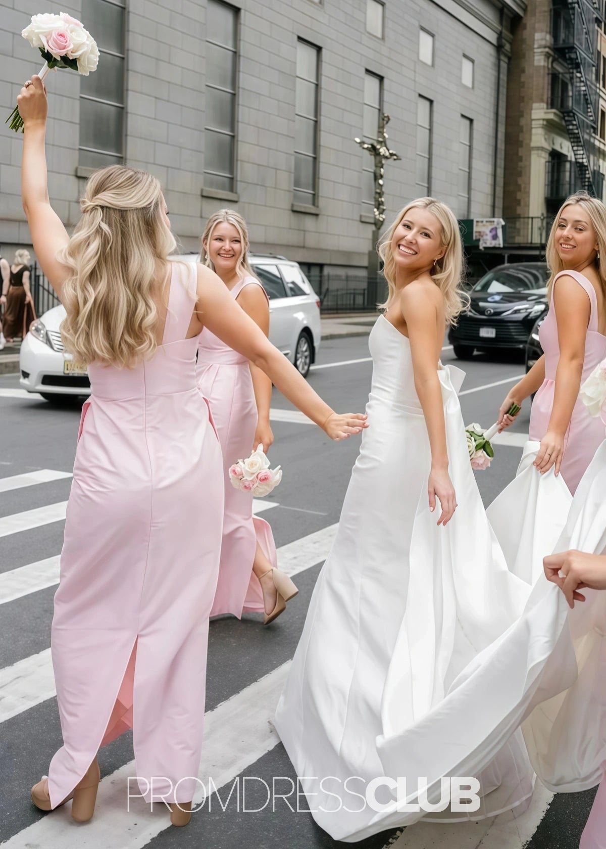 Pag | Sheath Column Light Pink Satin Midi Bridesmaid Dress - Light Pink - PROMDRESS Club