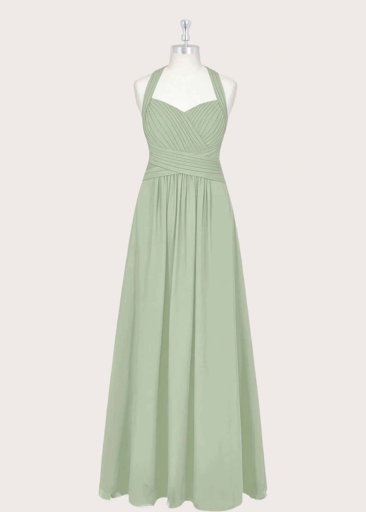 Pamela | A - Line Halter Sage Green Chiffon Long Bridesmaid Dresses - Sage - PROMDRESS Club