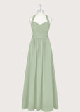 Pamela | A - Line Halter Sage Green Chiffon Long Bridesmaid Dresses - Sage - PROMDRESS Club