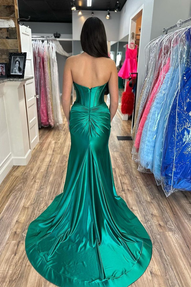 Pandora | Mermaid Satin Black and Hot Pink Strapless Prom Dress with Slit - Dark Green - PromDressClub