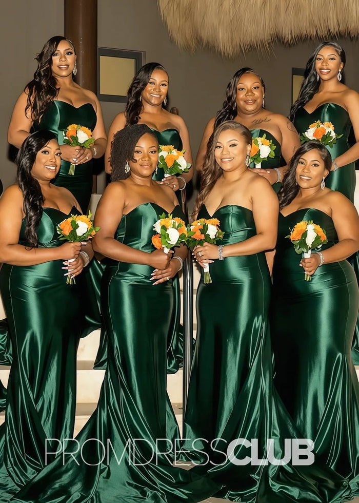 Patricia |Plus Size Long Dark Green Bridesmaid Dresses Near Me With Mermaid Sweetheart Satin Emerald - Price #price_variant_lowest# - Dark Green - PromDressClub