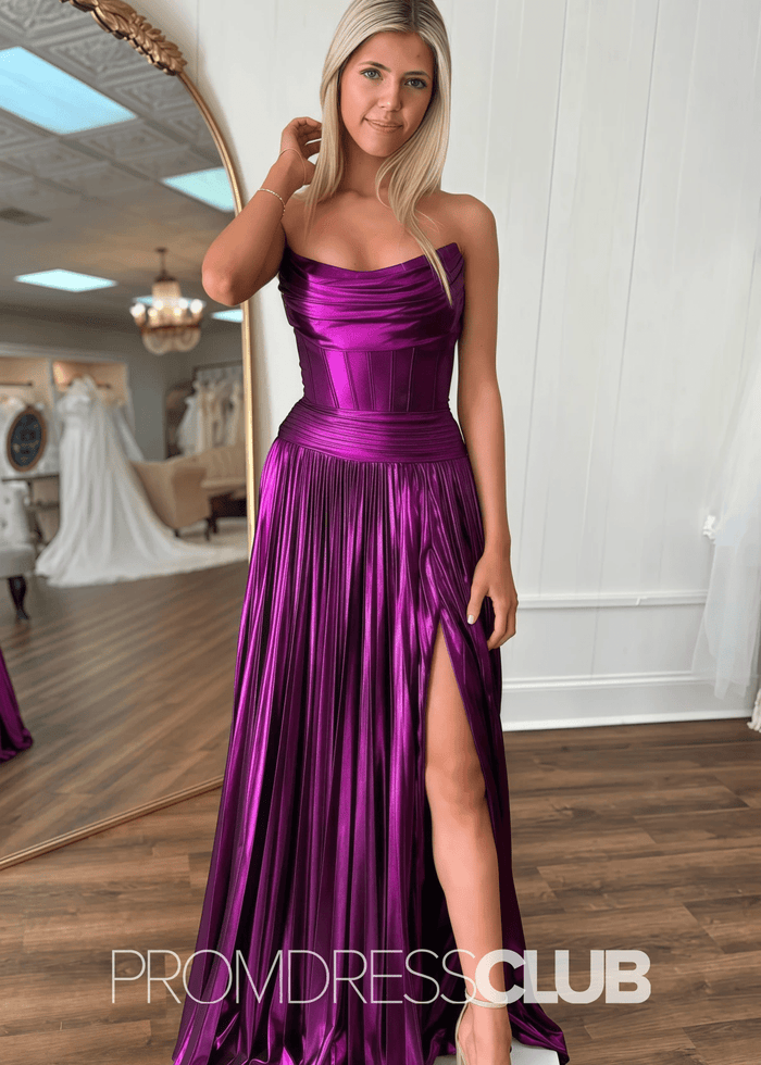Paula |Long Purple Metallic Prom Dresses Websites With Strapless Pleated A - Line Corset Slit - Price #price_variant_lowest# - Purple - PromDressClub
