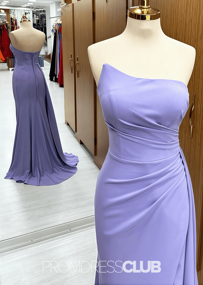 Paula | Mermaid Strapless Ruched Corset Navy Blue Satin Maxi Bridesmaid Dress - Price #price_variant_lowest# - Lavender - PromDressClub