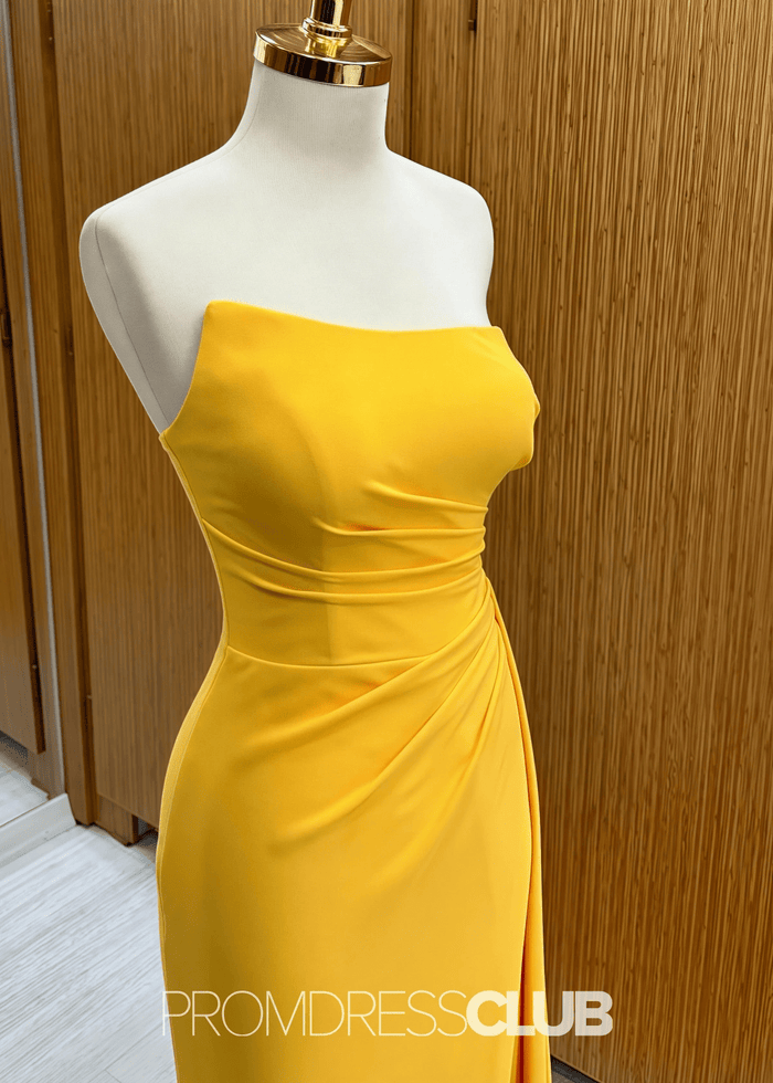 Paula | Mermaid Strapless Ruched Corset Navy Blue Satin Maxi Bridesmaid Dress - Price #price_variant_lowest# - Yellow - PromDressClub