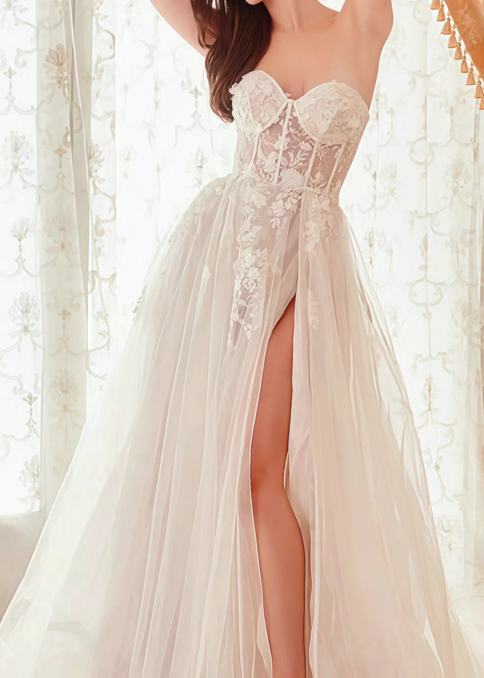 Penelope | Gorgeous Dusty Blue A Line Corset Strapless Prom Dress with Slit - Ivory - PromDressClub