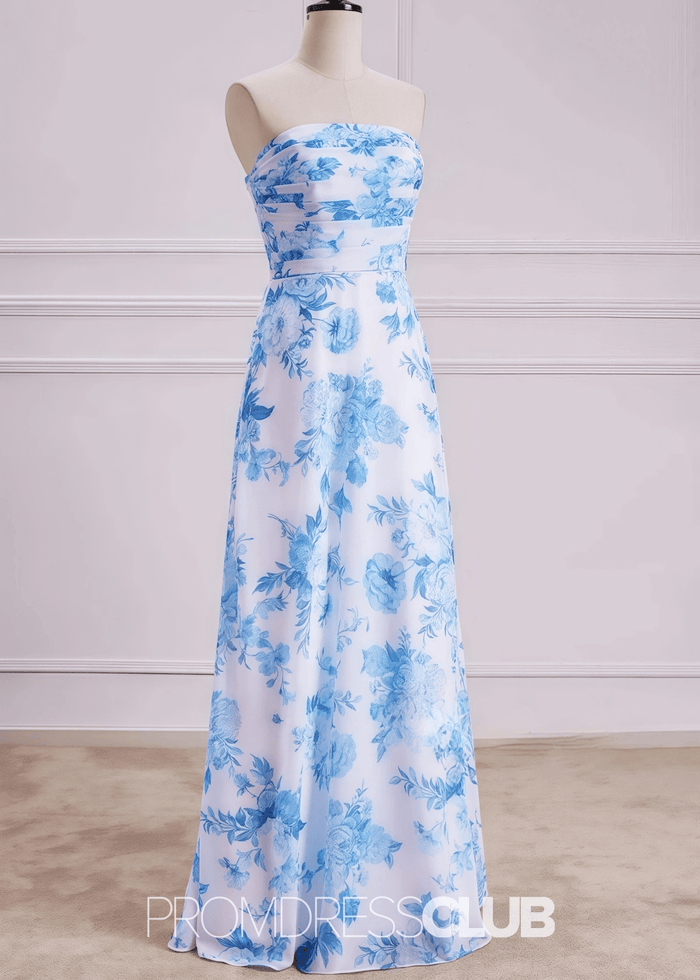 Penny | White Blue Floral Print Mermaid Strapless Long Bridesmaid Dress - Price #price_variant_lowest# - Blue Floral - PromDressClub