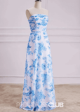 Penny | White Blue Floral Print Mermaid Strapless Long Bridesmaid Dress - Blue Floral - PROMDRESS Club