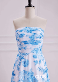 Penny | White Blue Floral Print Mermaid Strapless Long Bridesmaid Dress - Blue Floral - PROMDRESS Club