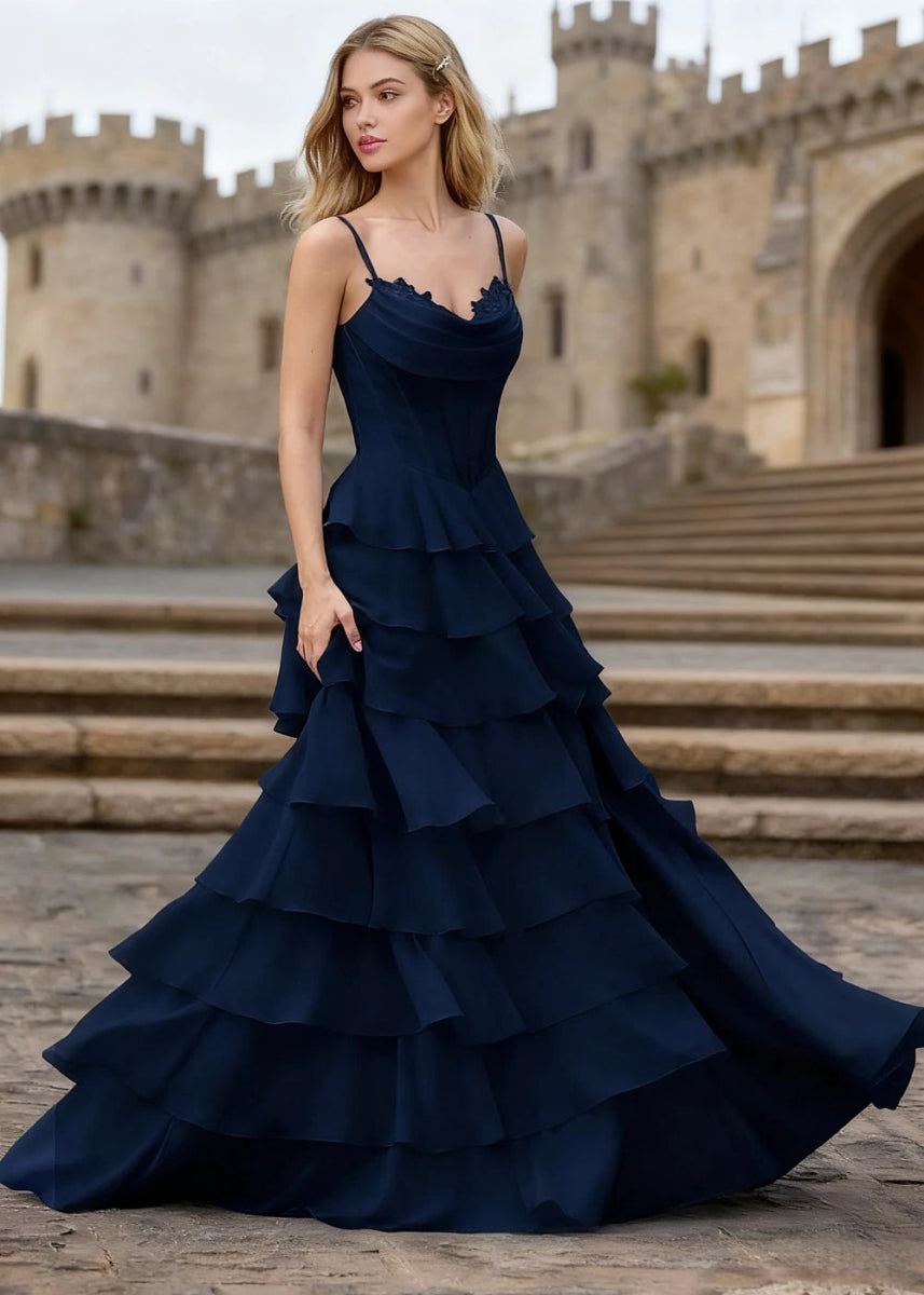 Penumbra Navy Blue Corset Ruffle Prom Dress | A - Line Cowl Neck Lace Tiered Pleated Dress with Slit - US0 - PromDressClub