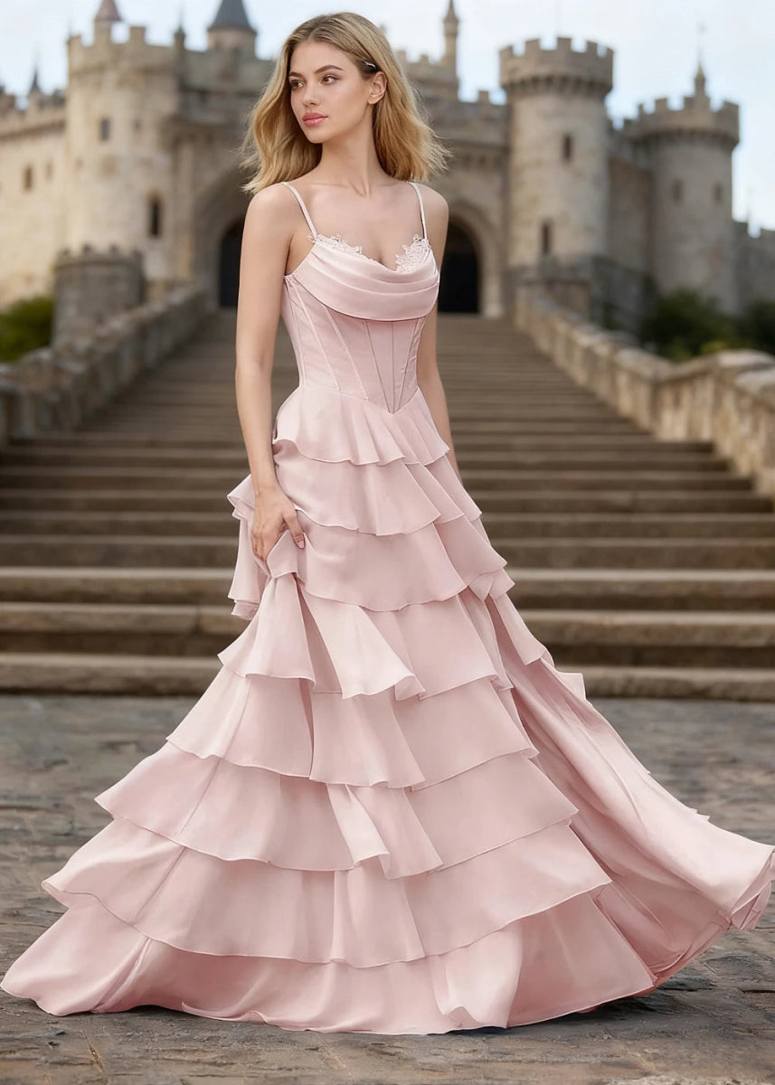 Penumbra Powder Pink Corset Ruffle Prom Dress | A - Line Cowl Neck Lace Tiered Pleated Dress with Slit - US0 - PromDressClub