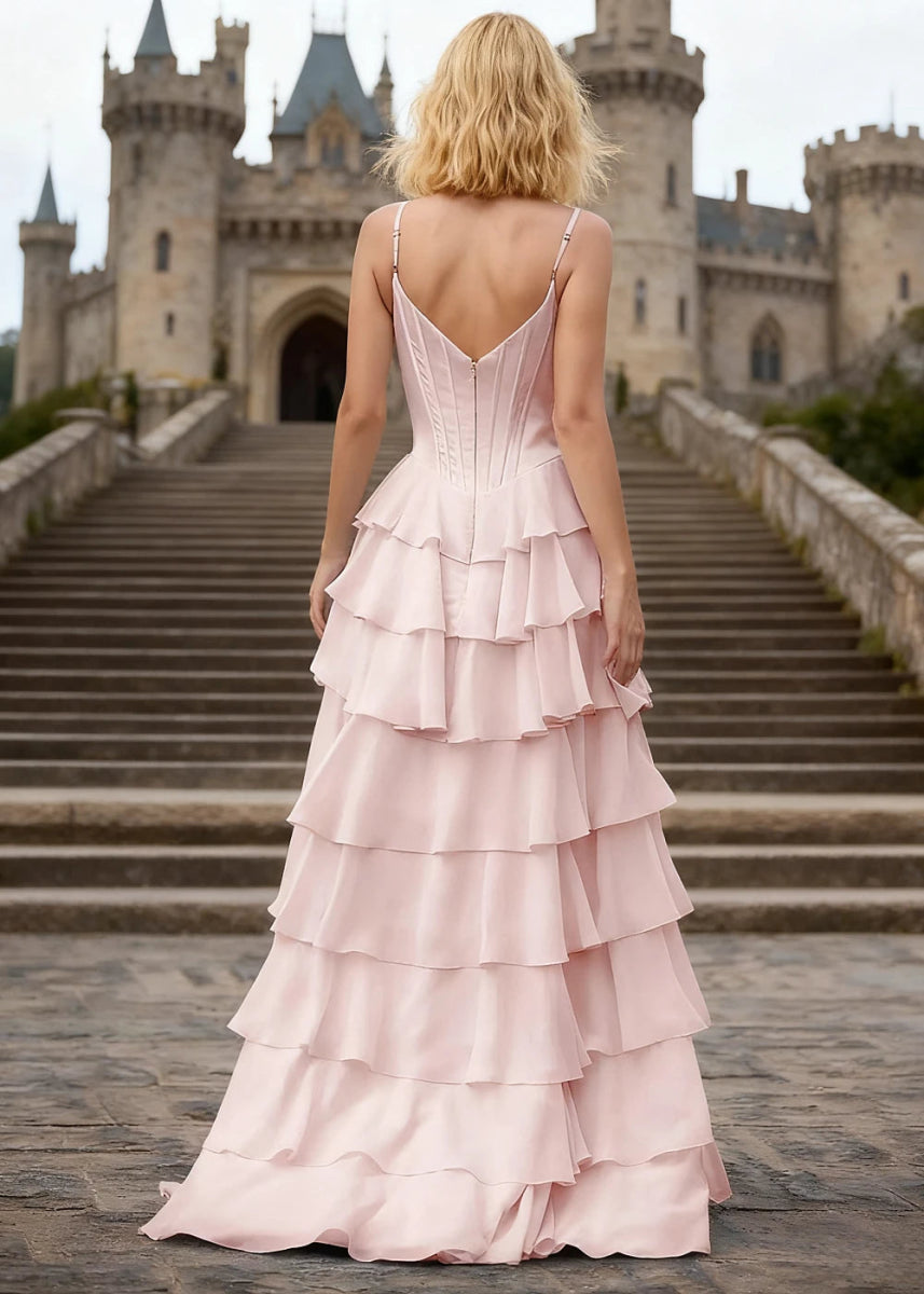 Penumbra Powder Pink Corset Ruffle Prom Dress | A - Line Cowl Neck Lace Tiered Pleated Dress with Slit - US0 - PromDressClub