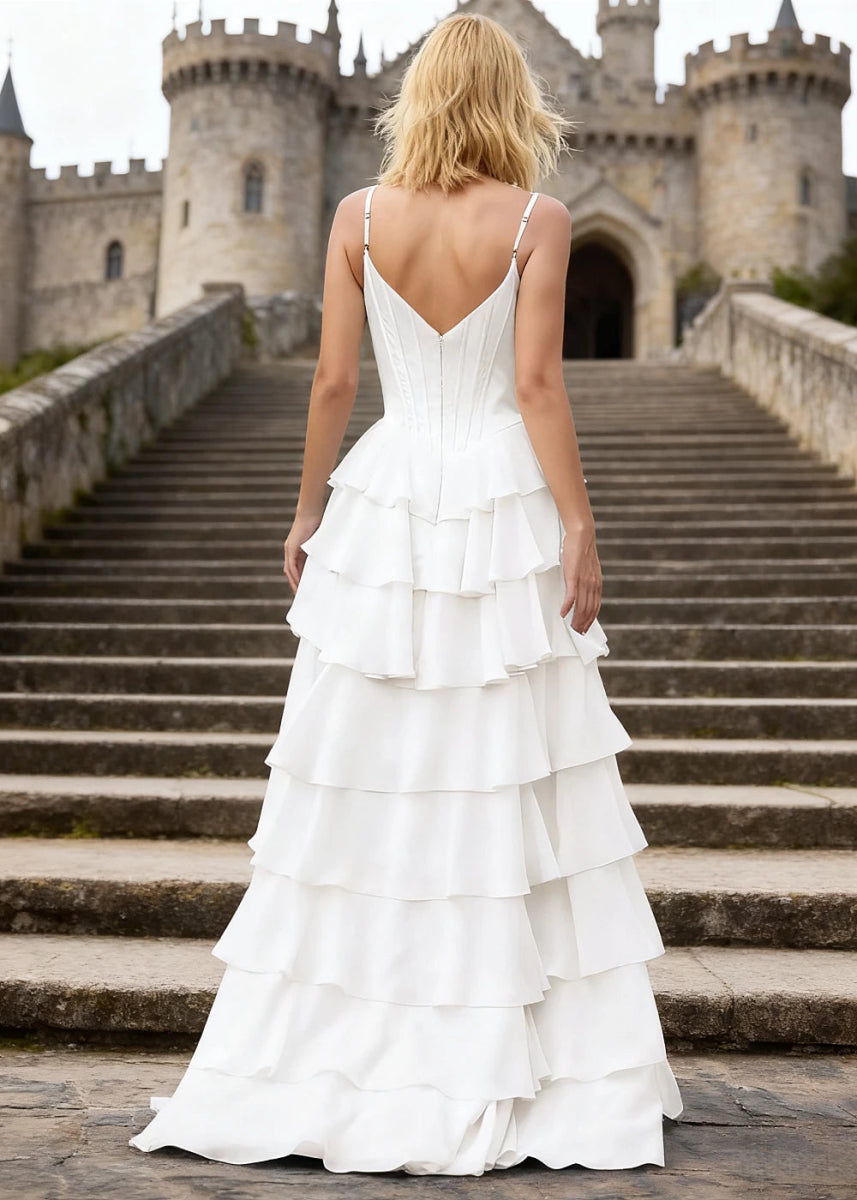 Penumbra White Corset Ruffle Prom Dress | A - Line Cowl Neck Lace Tiered Pleated Dress with Slit - US0 - PromDressClub